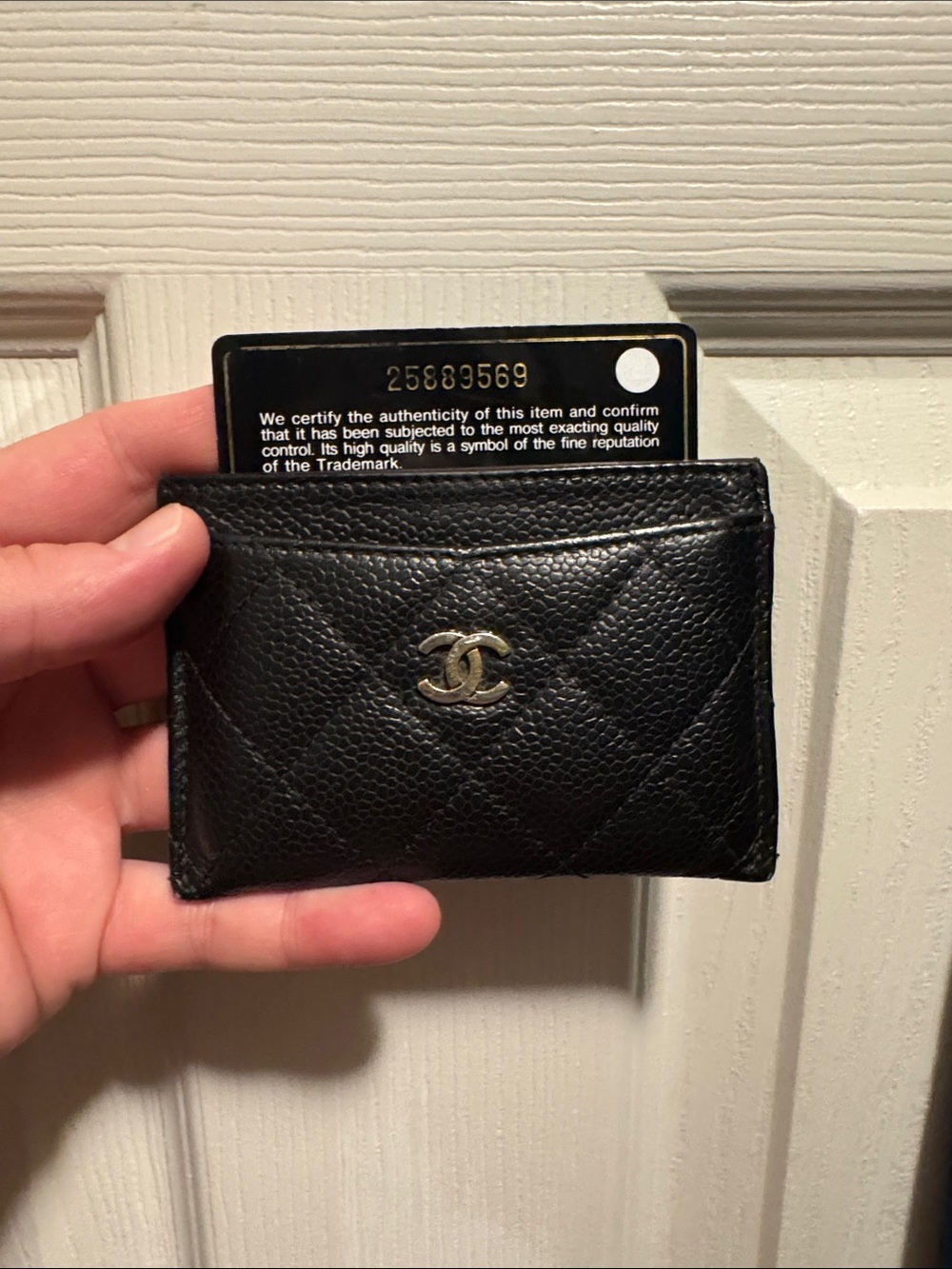 CHANEL Black Quilted Caviar Leather Card Holder with Silver CC